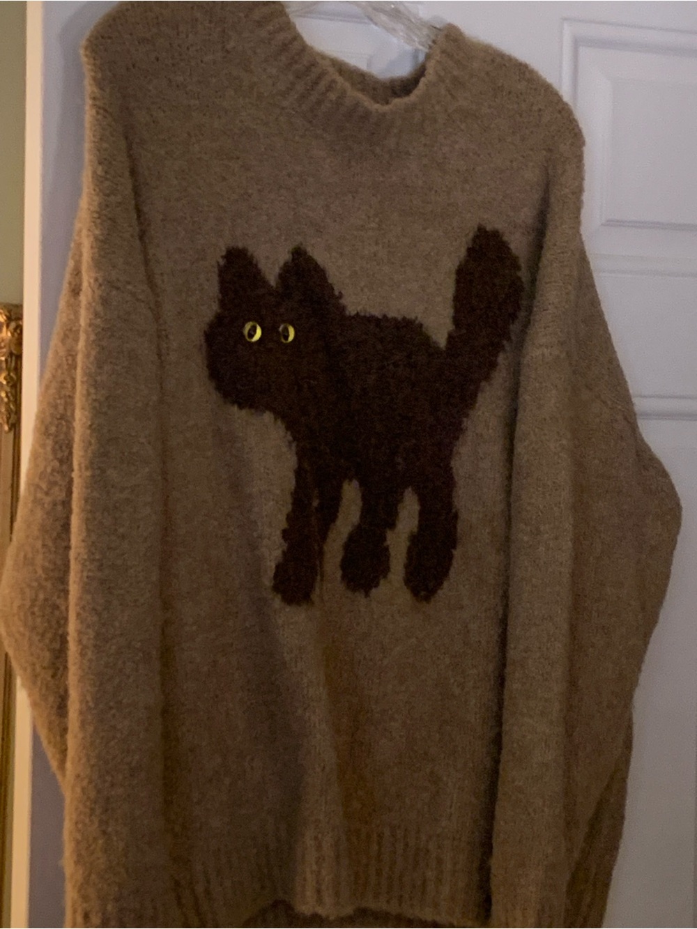 Cider Brown Knit Sweater with Dark Brown Cat Motif